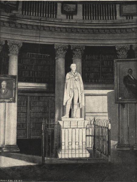 1876 -
Frederick W. Page is appointed as assistant Librarian, marking the first time the Library had more than one employee.

image: Engraving of the Rotunda interior with Jefferson Statue by Alexander Galt (1827-1863).
