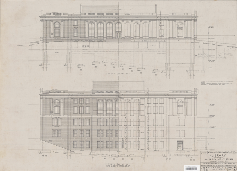 University President John Lloyd Newcomb makes the new library a top priority and secures assistance from the Public Works Administration, allowing construction to begin. Alumnus R.E. Lee Taylor, partner in Taylor & Fisher, was the building architect.

image: Detail of Alderman Library South Elevation (1936). From Alderman Library Original Construction Drawings, Taylor and Fisher Architects, 1935–1939,  Facilities Management Resource Center, U.Va.
