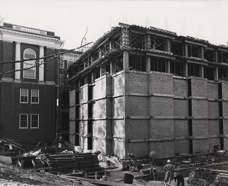 1967 - New Stacks addition to Alderman Library opens.  By the early 60s, library collections numbered nearly a million volumes and plans for expansion began. The construction of New Stacks was the first of these plans to be implemented. image: Construction of  New Stacks, 1966. Photograph by Ed Roseberry.
