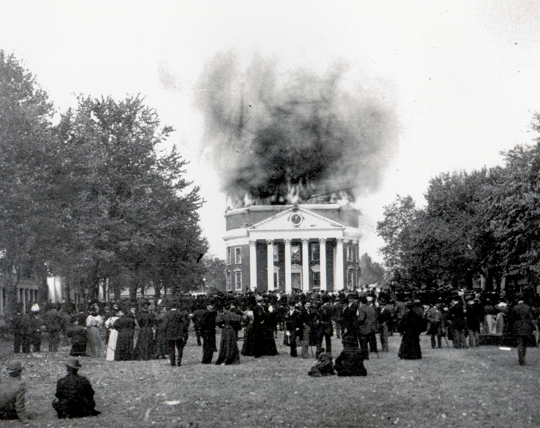 1895 -
Fire guts the Rotunda and destroys almost 40,000 of the 56,733 volumes in the Library. A considerable portion of the original collection compiled by Jefferson is lost. Books are moved to Brooks Museum for temporary storage.

 image: U.Va. Rotunda on fire, 1895.

