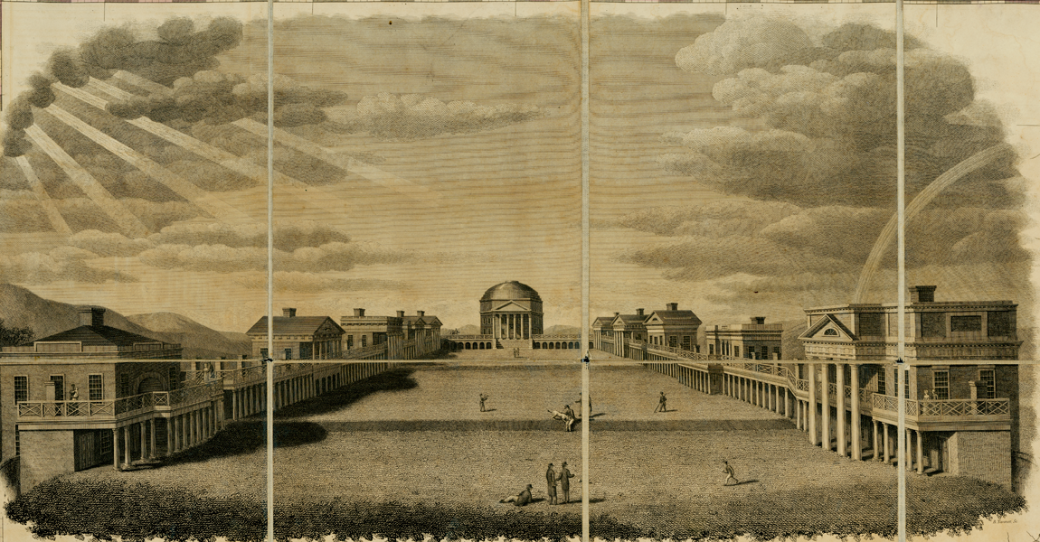 1826 -
The Rotunda opens, serving as the University Library, with 8,000 books selected by Thomas Jefferson himself.  The books had arrived late in 1825 and had been stored in Pavilion VII on the West Lawn—now the Colonnade Club.

image: detail of the University of Virginia by Benjamin Tanner, 1826.
