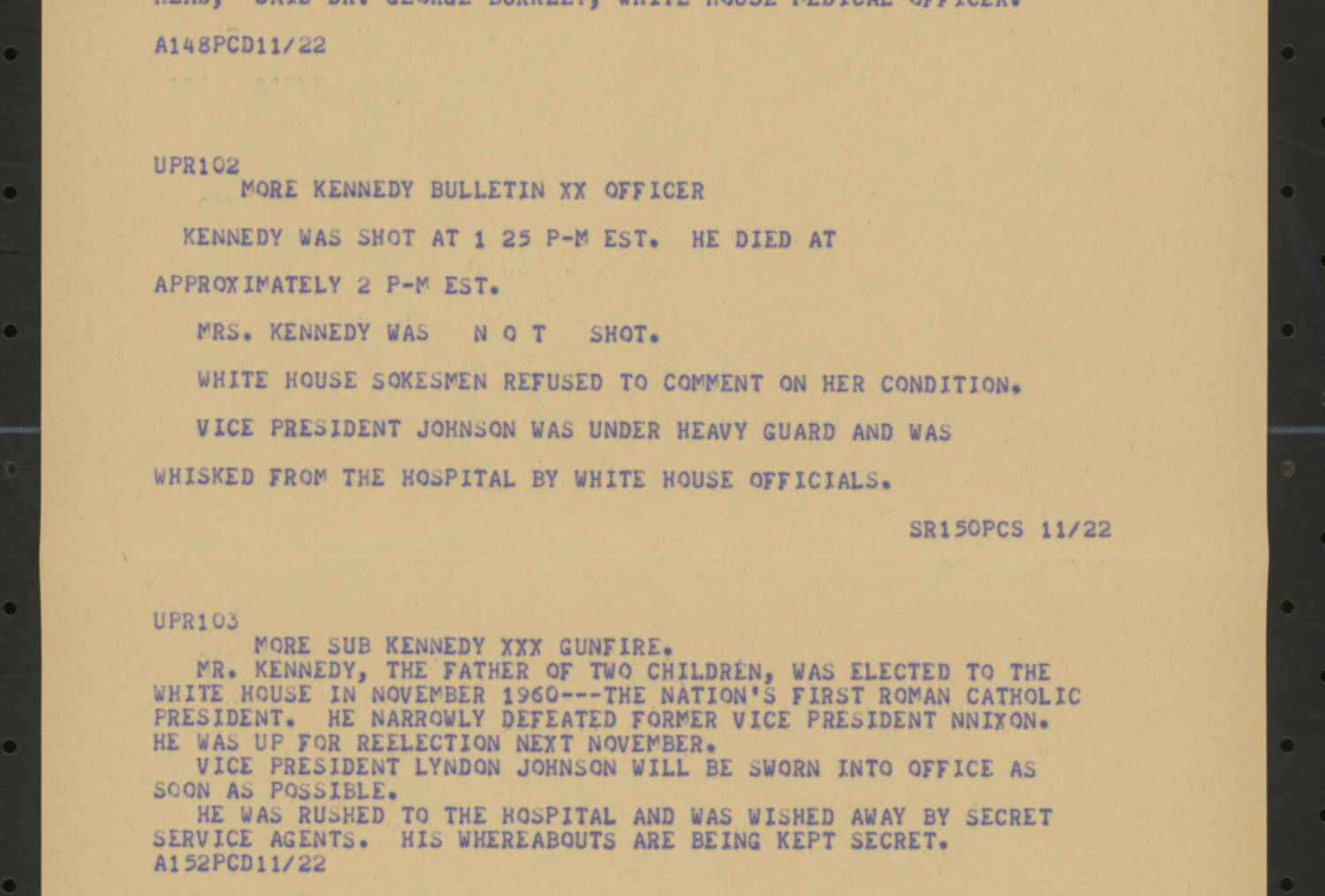 Nov. 22, 1963 UPI radio broadcast wire teletype printout