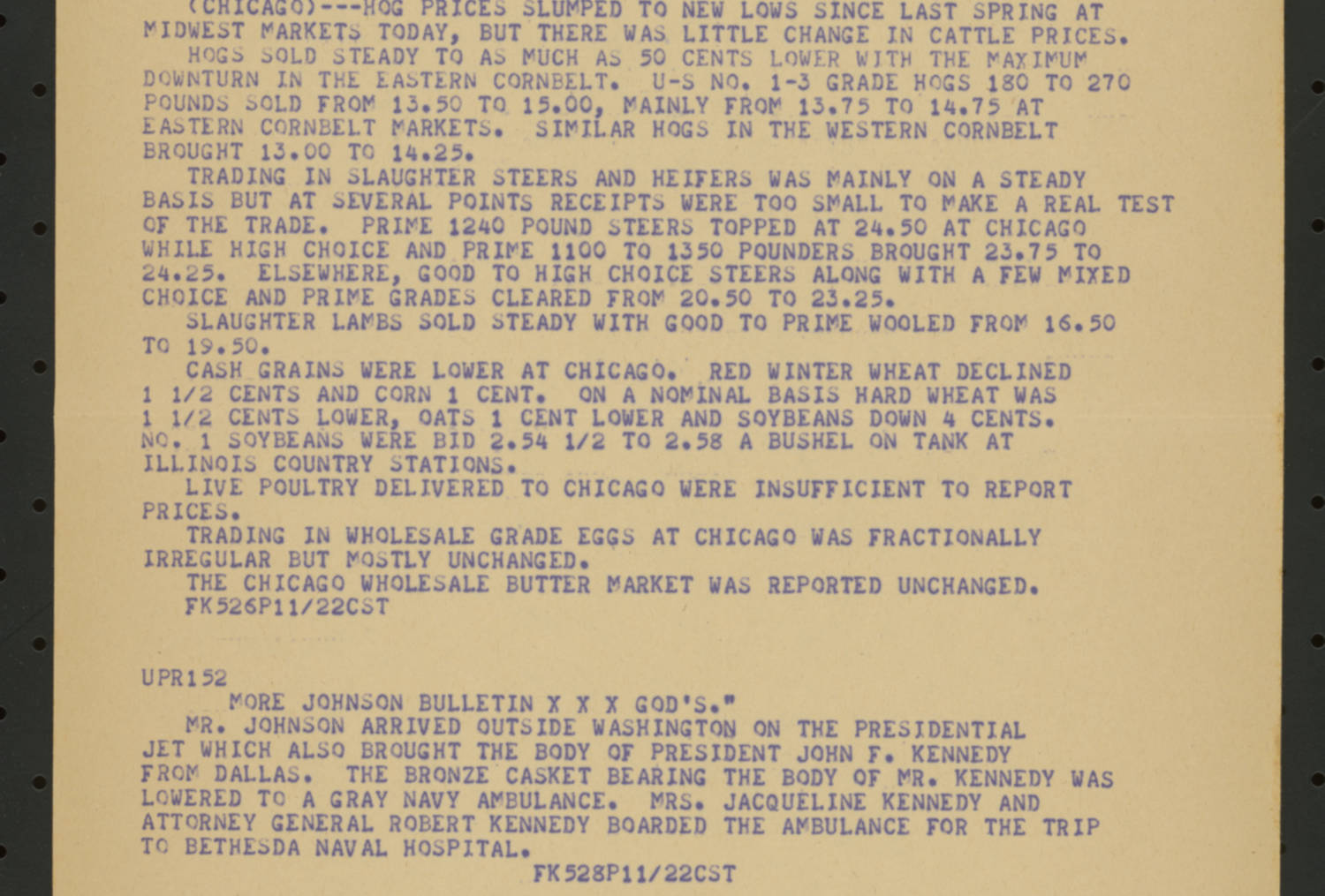 Nov. 22, 1963 UPI radio broadcast wire teletype printout