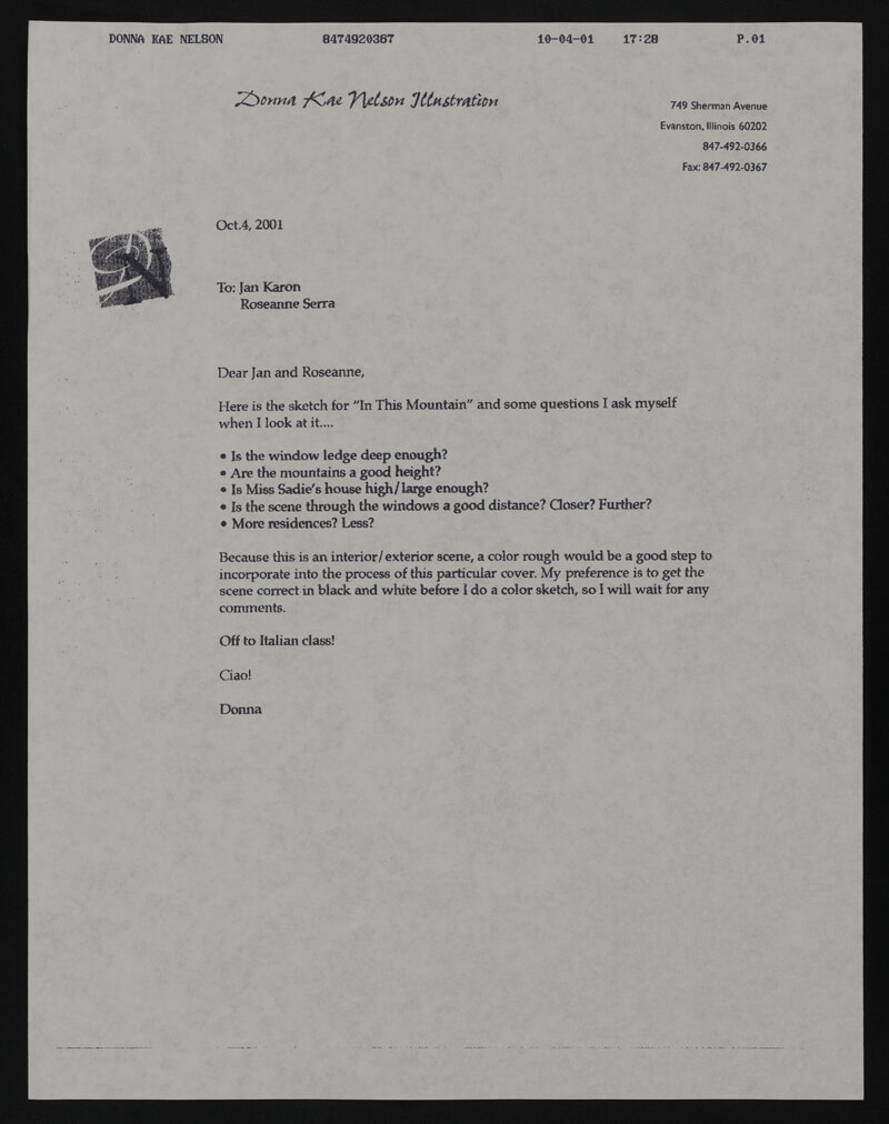 Letter dated 10/4/2001 to Jan and Roseanne from Donna, with questions about whether parts of the image are correct