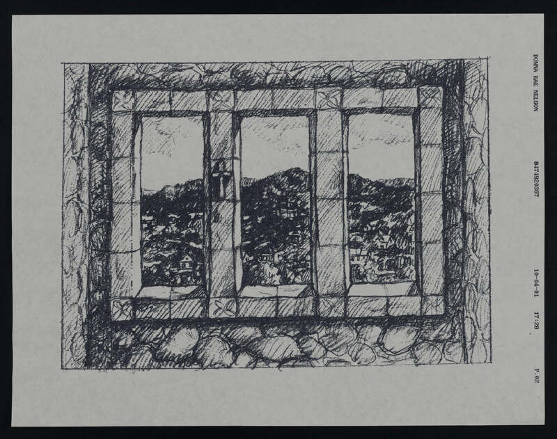 Drawing of stone window view to montains behind