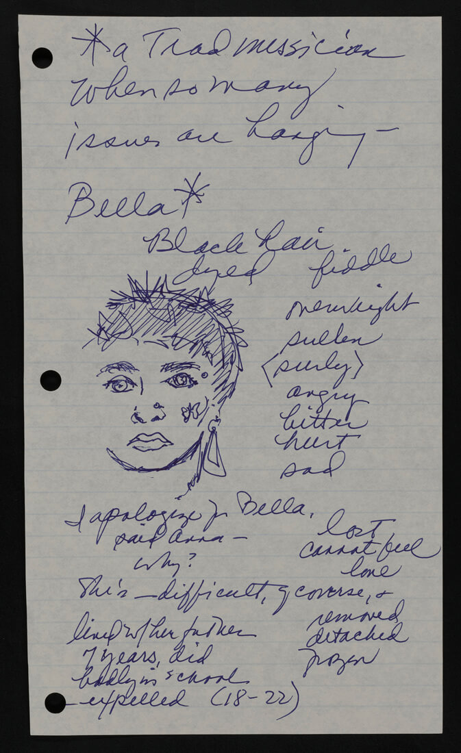 Pen drawing on notebook paper: woman's face with notes like black dyed hair, fiddle, sullen, surly, angry, hurt, sad