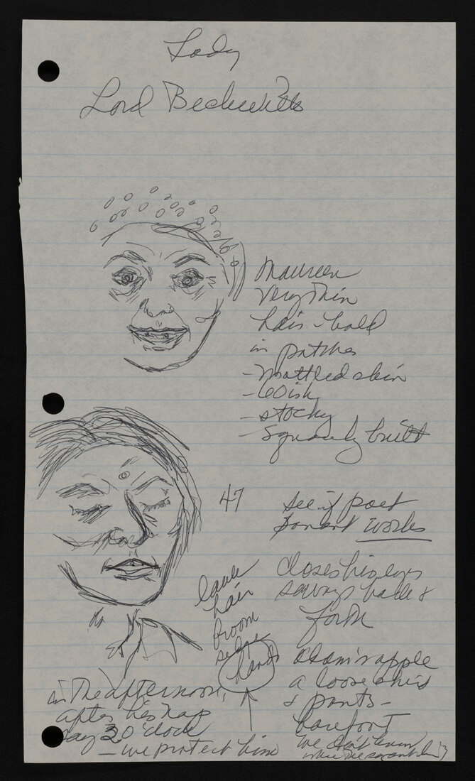 Pencil drawing on notebook paper of older woman. maureen, very thin hair in balding pattern, 60ish, stocky