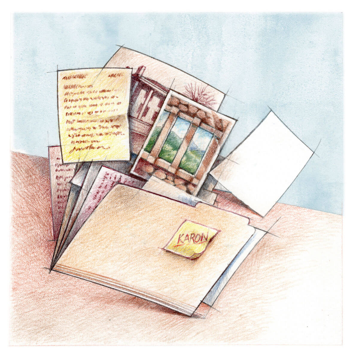 Illustration in soft lines and colors, depicting manilla folder loosely containing handwritten pages and imagery. Folder is labeled Karon. 