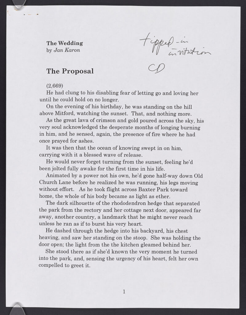 The Wedding by Jan Karon. The Proposal, followed by full page of text