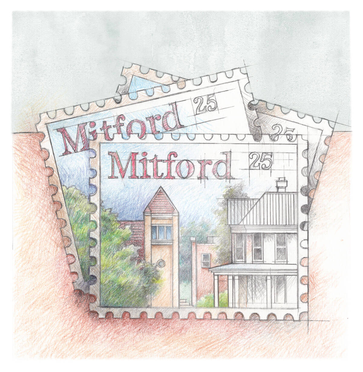 Illustration in soft lines and colors, depicting a loose stack of three 25 cent stamps. The stamps say Mitford and show partial views of side-by-side buildings, as though from a sidewalk. 