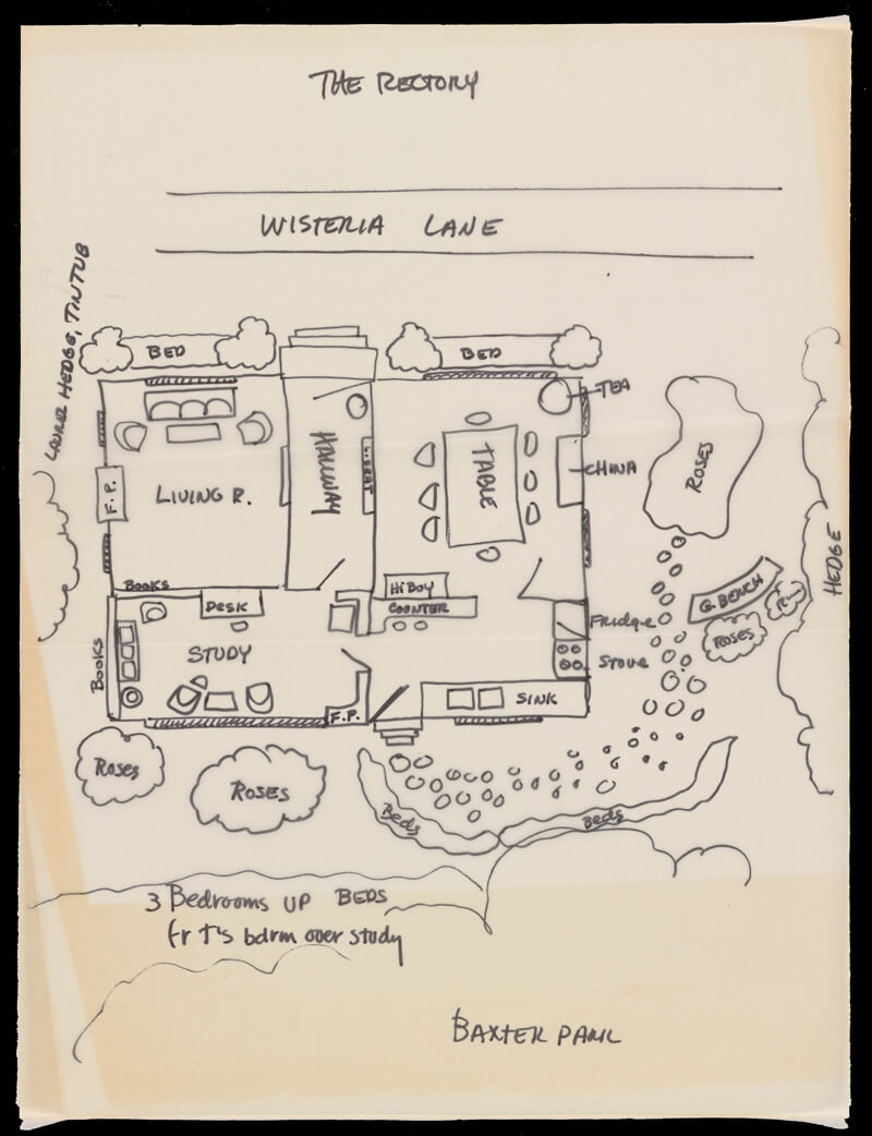 Hand-drawn map on yellowed paper labeled The Rectory. Areas on map include Wisteria Lane, landscaping, and interior spaces like living room, hallway, table, study, desk, beds, and sink.