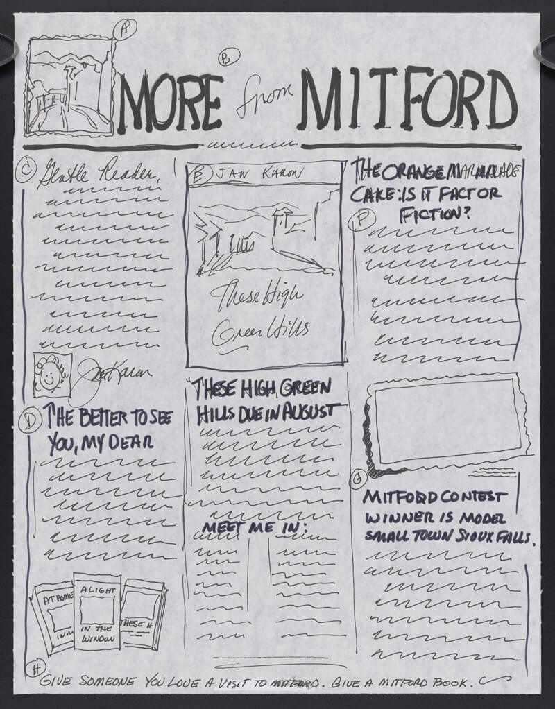 Hand-drawn mockup: More from Mitford. 3-column layout with 7 total sections, including opening letter, author engagements, and several small narrative items