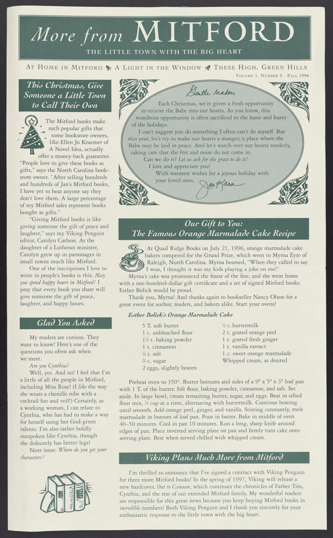 Printed newsletter with green headings, christmastime. Includes opening letter, recipe, Q+A section
