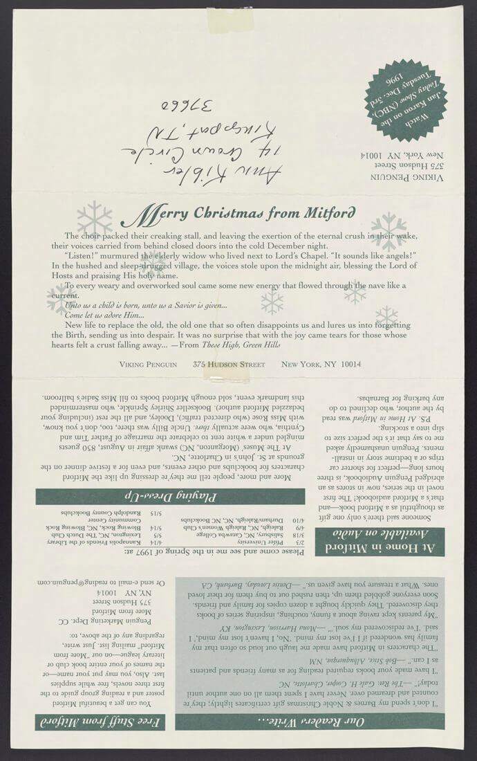 Back side of printed newsletter, Merry Christmas from Mitford