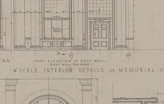 A vintage blueprint showing the plan view for Memorial Hall.